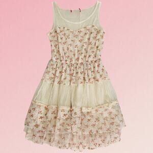 Floral lace mesh tiered mini dress with sweetheart bust, dainty coquette cottage